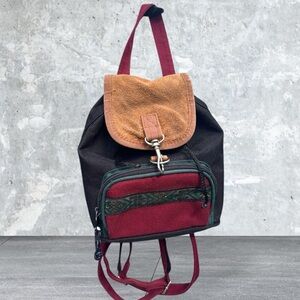 Vtg 90s Mini Backpack Black Maroon Tapestry Suede Drawstring Grunge Nylon